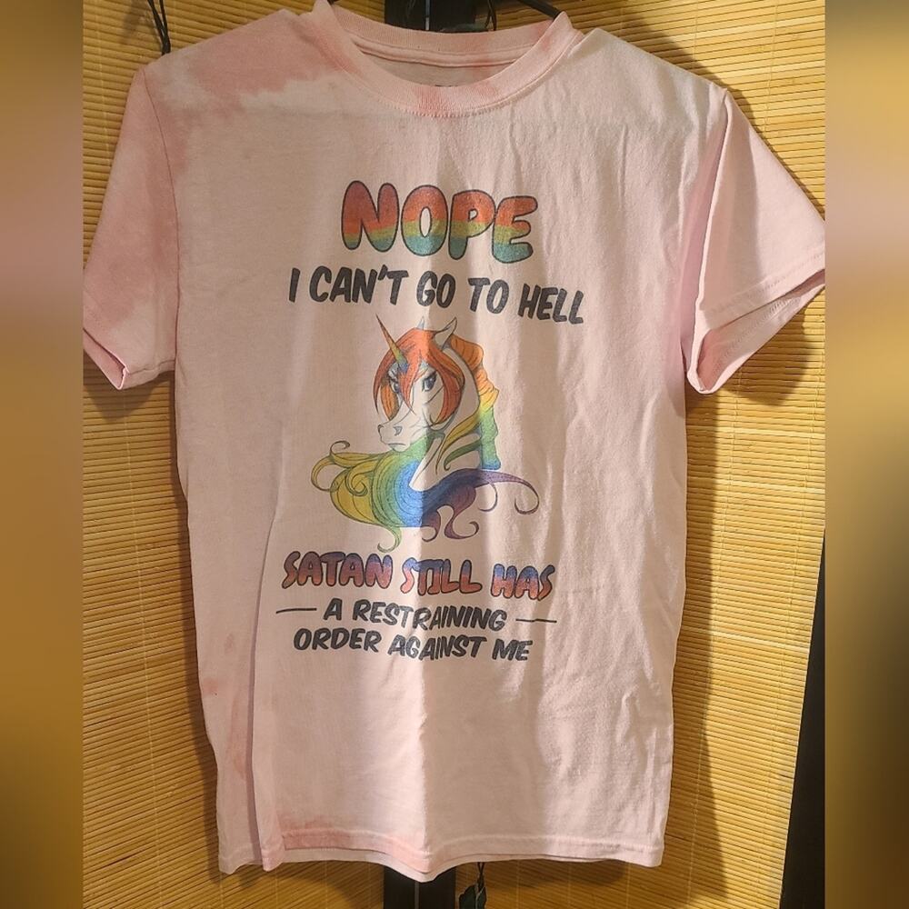 DONATING 6/1 Satan Has a Restraining Order Rainbow Unicorn Tee